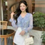 Áo sơ mi hoa cổ bèo buộc dây tay loe style hàn quốc A2708