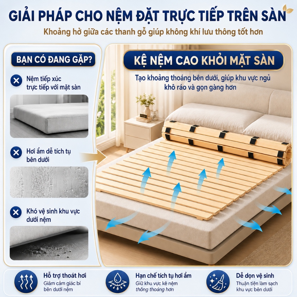 Giường tatami gỗ thông kiểu Nhật giường pallet cuộn gấp gọn bo tròn an toàn miếng chống trượt