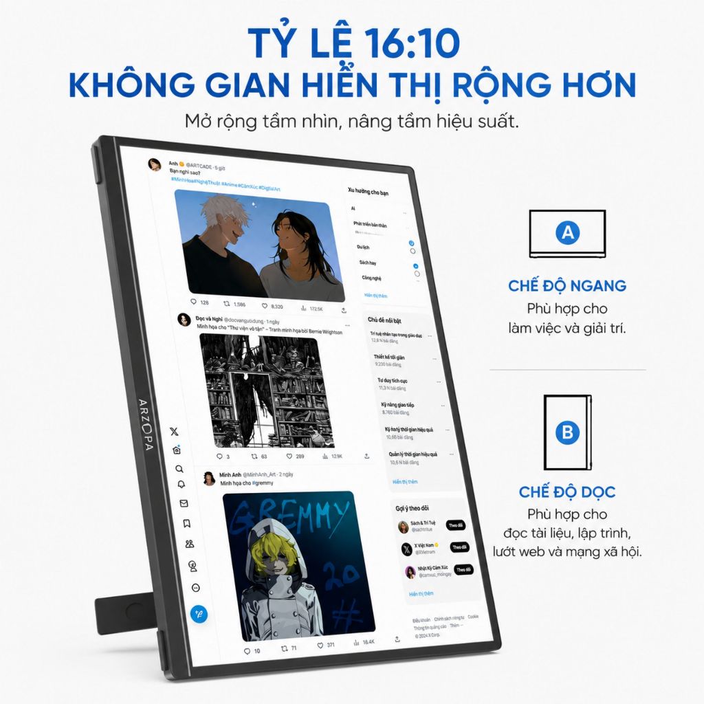 Màn Hình Di Động ARZOPA Z1RC 16" 2.5K IPS | 500 Nits | 100% sRGB | USB-C HDMI | Chính Hãng |Hỏa Tốc