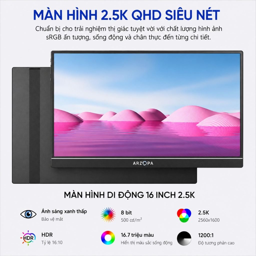 Màn Hình Di Động ARZOPA Z1RC 16" 2.5K IPS | 500 Nits | 100% sRGB | USB-C HDMI | Chính Hãng |Hỏa Tốc