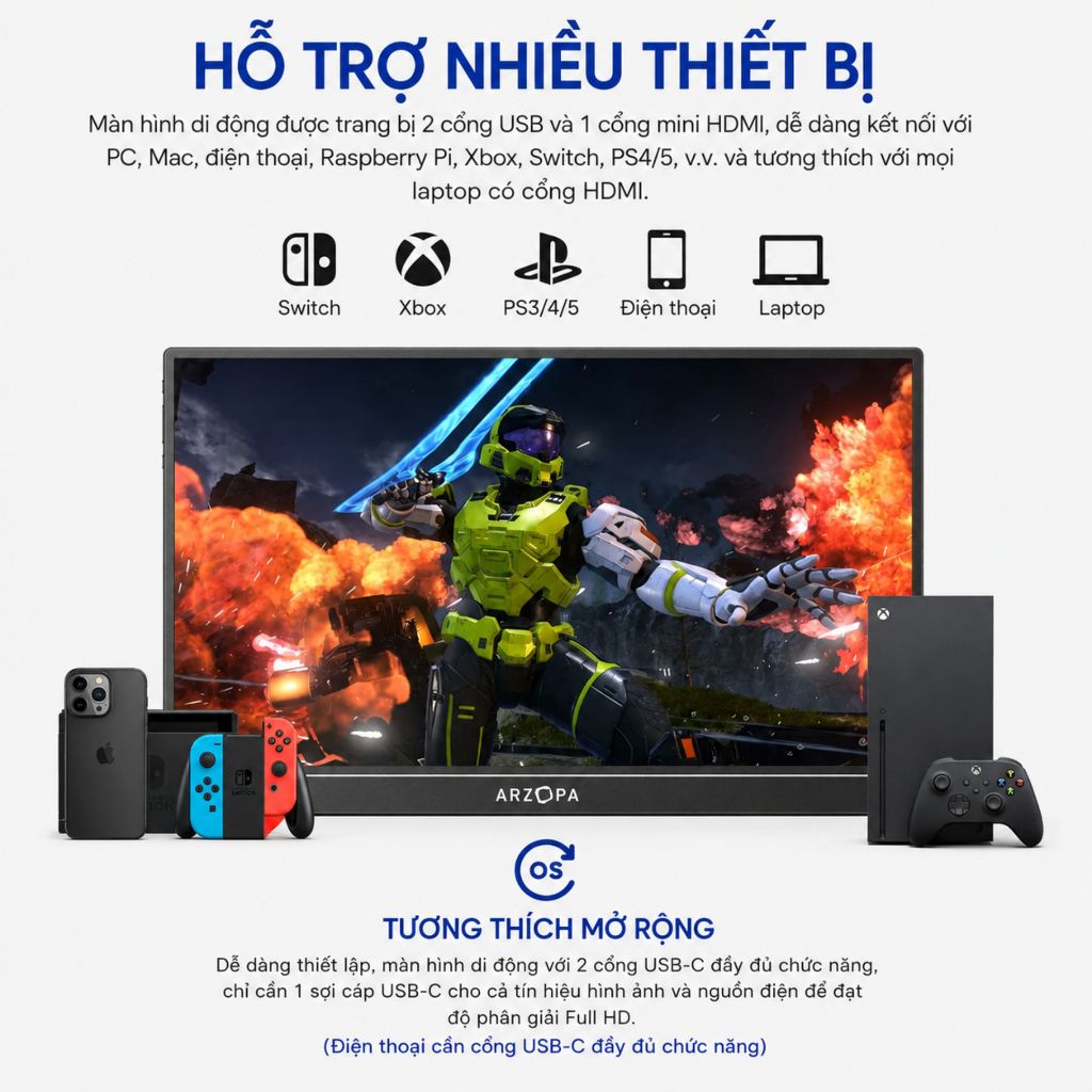 Màn Hình Di Động ARZOPA Z1RC 16" 2.5K IPS | 500 Nits | 100% sRGB | USB-C HDMI | Chính Hãng |Hỏa Tốc
