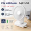 Quạt tích điện quạt mini D606 để bàn pin 4000mah dùng liên tục đến 15h xoay 90 độ - 4 chế độ gió làm mát, chạy êm D606