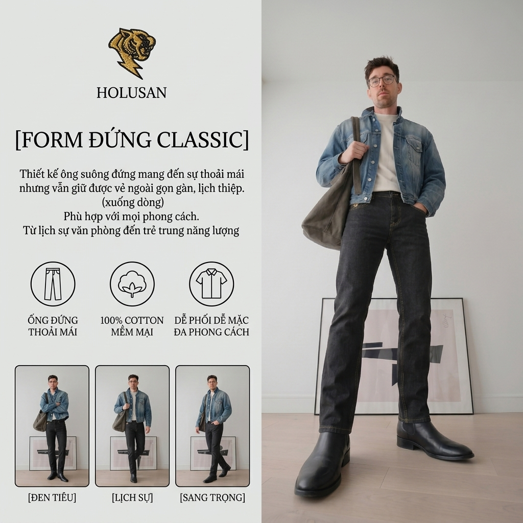 Đen Tiêu VIP 13 - Quần Jean Nam Đen Slimfit Co Giãn Nhẹ Form Suông Đứng Tôn Dáng Holusan Basic Dễ Phối