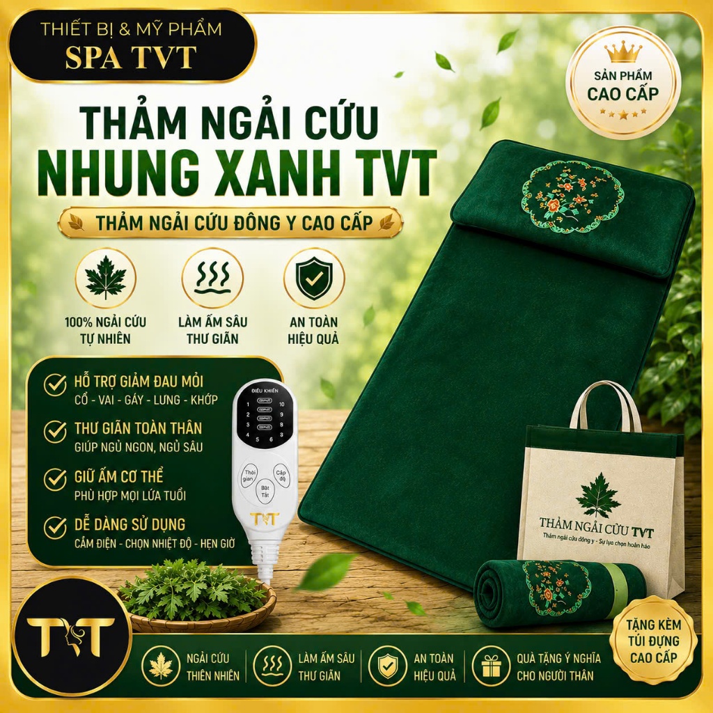 THẢM NGẢI CỨU NHUNG XANH TVT 150x60CM - ĐỆM SƯỞI THẢO DƯỢC, GIỮ ẤM, NGỦ NGON, THƯ GIÃN