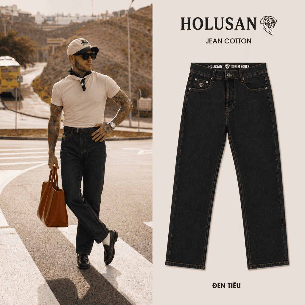 Đen Tiêu VIP 13 - Quần Jean Nam Đen Slimfit Co Giãn Nhẹ Form Suông Đứng Tôn Dáng Holusan Basic Dễ Phối
