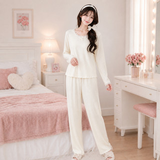 Bộ Mặc Nhà Nữ Áo Tay Dài Viền Ren Và Quần Dài Chất Thun Gân Cotton Mềm Mịn, Bộ Đồ Ngủ Nữ Thu Đông Dễ Thương -BD019