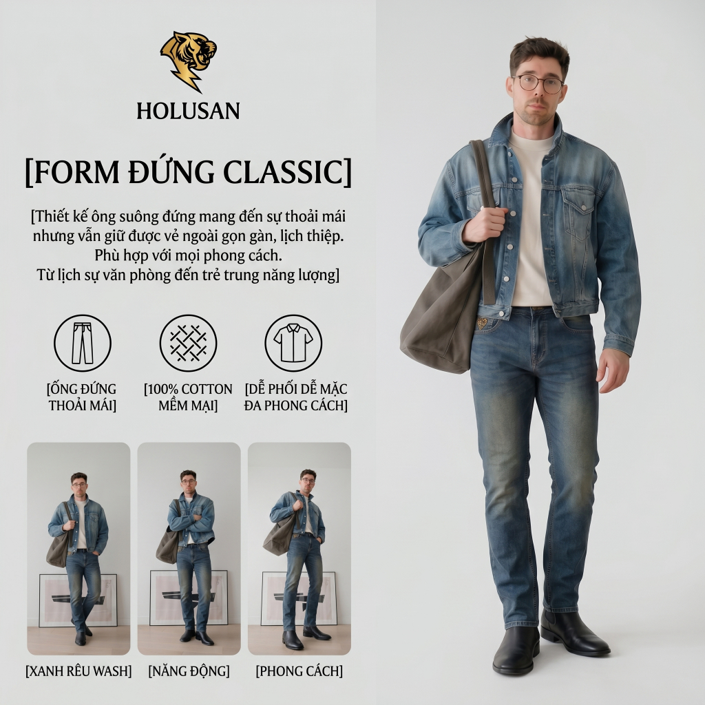 XANH RÊU VIP 1 - Quần Jean Nam Đen Trơn Slimfit Holusan Co Giãn Nhẹ Form Đứng Basic Cao Cấp