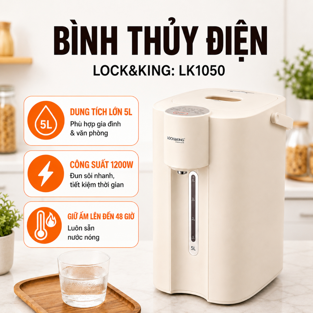 Bình Thủy Điện Lock&King LK1050 5L 1200W Đun Sôi Nhanh Giữ Ấm 48 Giờ Lõi Thủy Tinh Inox 304