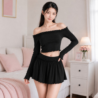 [TẶNG TẤT] Set Bộ Đồ Mặc Nhà Tiểu Thư Áo Tank Top Tay Dài Trễ Vai Và Chân Váy Xòe Ngắn Có Lót Quần BD011