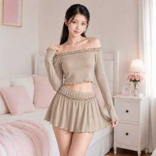 [TẶNG TẤT] Set Bộ Đồ Mặc Nhà Tiểu Thư Áo Tank Top Tay Dài Trễ Vai Và Chân Váy Xòe Ngắn Có Lót Quần BD011