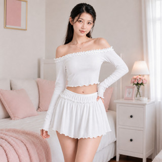 [TẶNG TẤT] Set Bộ Đồ Mặc Nhà Tiểu Thư Áo Tank Top Tay Dài Trễ Vai Và Chân Váy Xòe Ngắn Có Lót Quần BD011