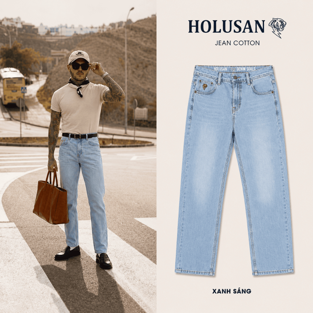 Xanh Sáng was VIP 6 - Quần Jean Nam Xanh Sáng Slimfit Co Giãn Nhẹ Form Đứng Tôn Dáng Holusan Basic Dễ Phối