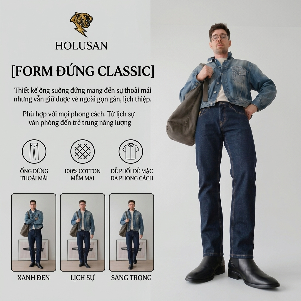 Xanh Đen Trơn VIP 7 - Quần Jean Nam Xanh Đen Trơn Slimfit Holusan Co Giãn Nhẹ Form Đứng Basic Cao Cấp