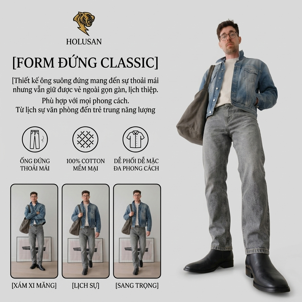 Xám Khói VIP 16 - Quần Jean Nam Xám Khói Slimfit Holusan Co Giãn Nhẹ Form Đứng Basic Cao Cấp