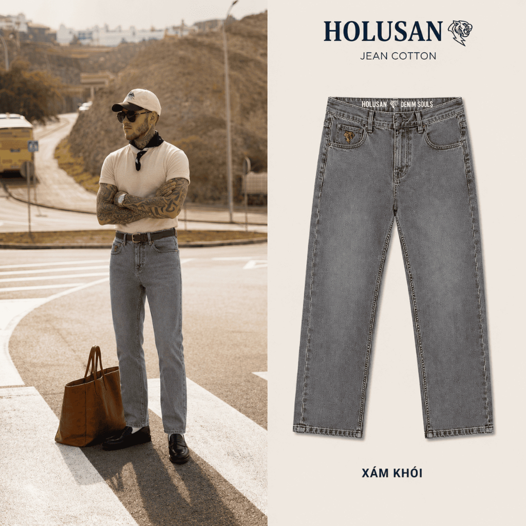 Xám Khói VIP 16 - Quần Jean Nam Xám Khói Slimfit Holusan Co Giãn Nhẹ Form Đứng Basic Cao Cấp