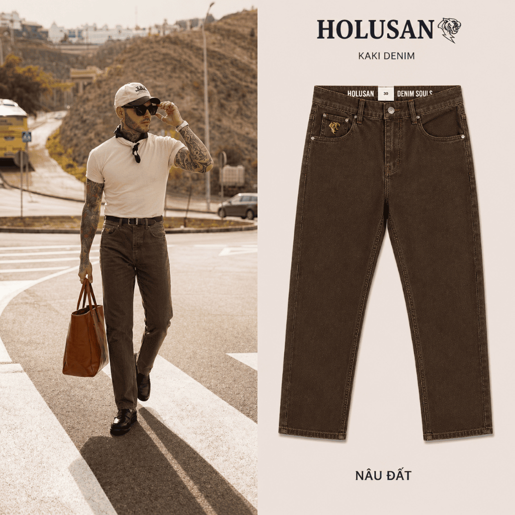 Nâu Càphê VIP 15 - Quần Kaki Jean Nam Nâu Càphê Slimfit Holusan Co Giãn Nhẹ Form Đứng Basic Cao Cấp