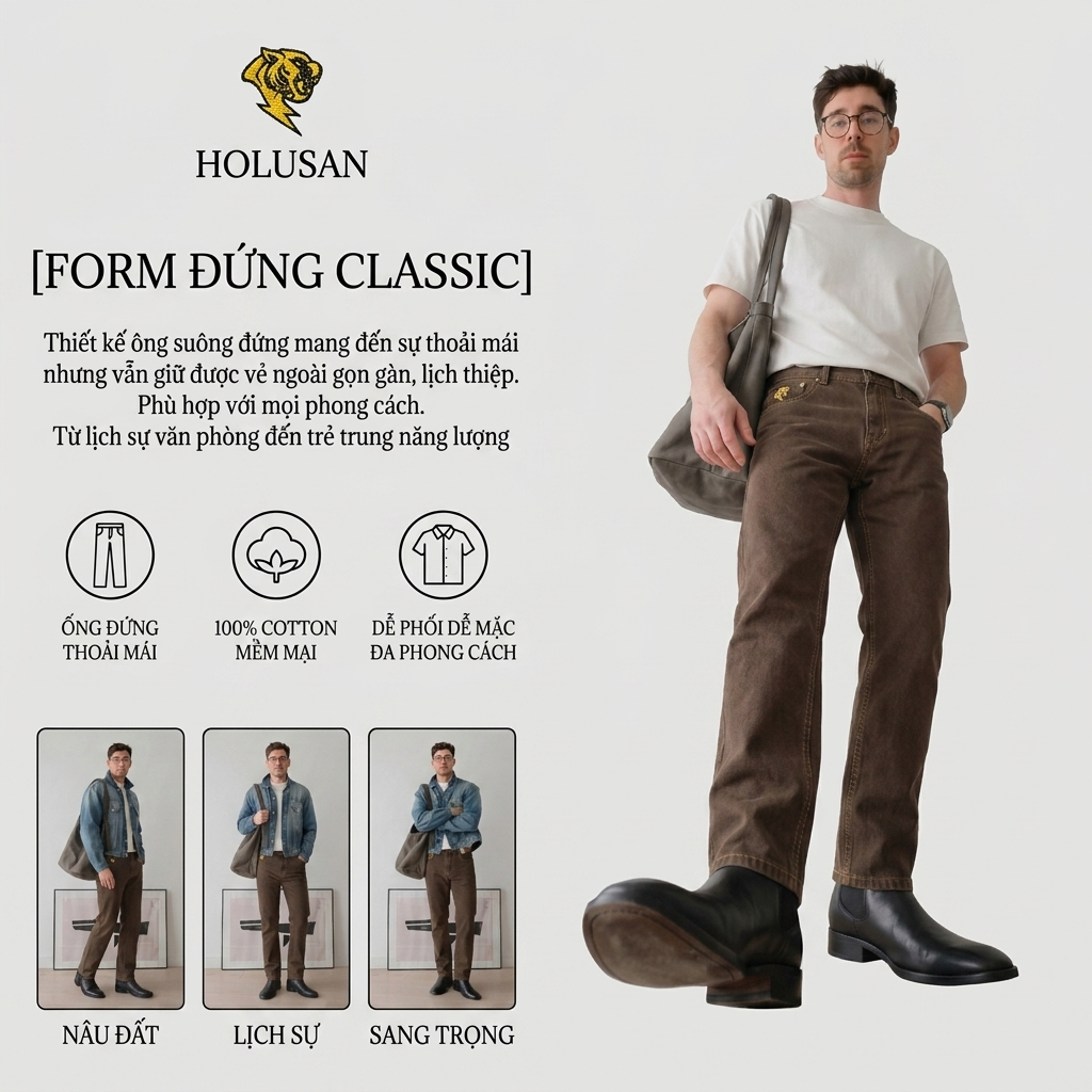 Nâu Càphê VIP 15 - Quần Kaki Jean Nam Nâu Càphê Slimfit Holusan Co Giãn Nhẹ Form Đứng Basic Cao Cấp