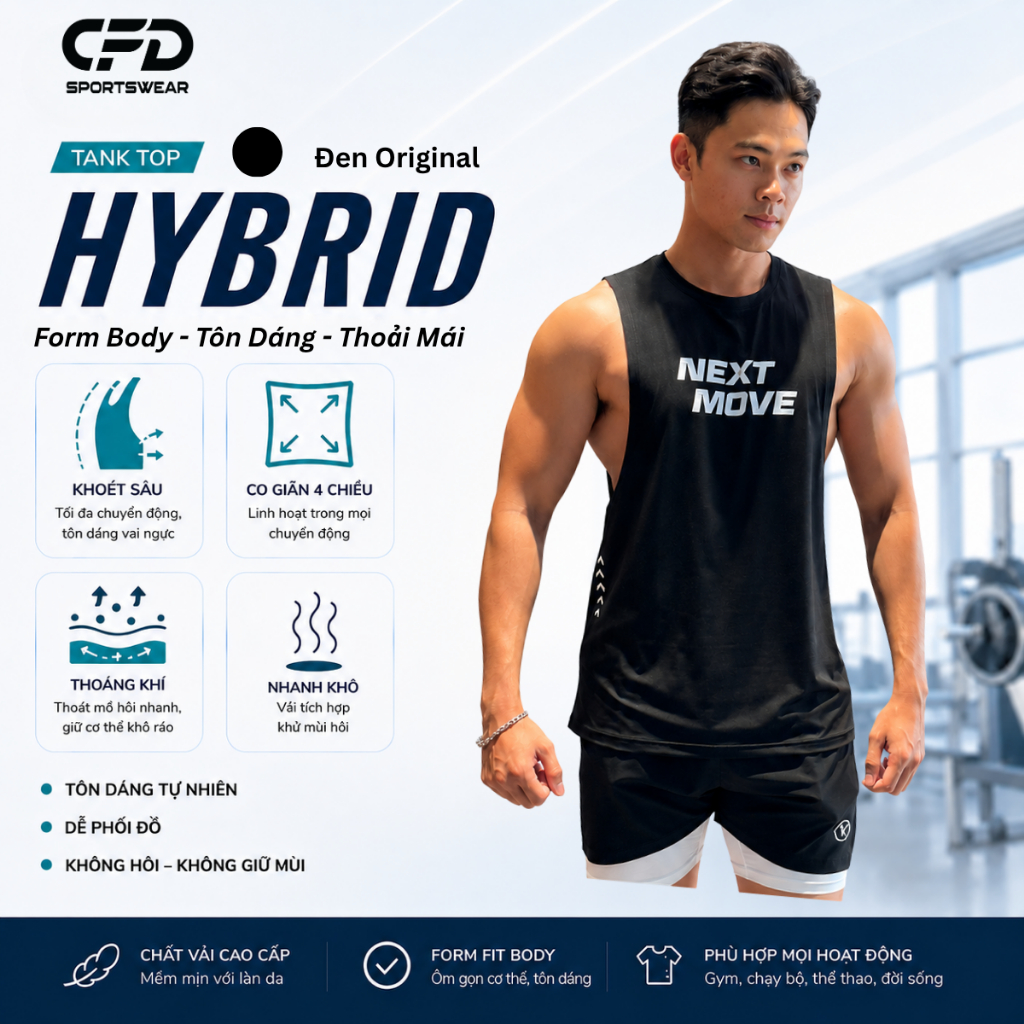 Áo Gym Nam TankTop Form Body, CFD Hybrid Tôn Dáng, Thoáng Khí Nhanh Khô