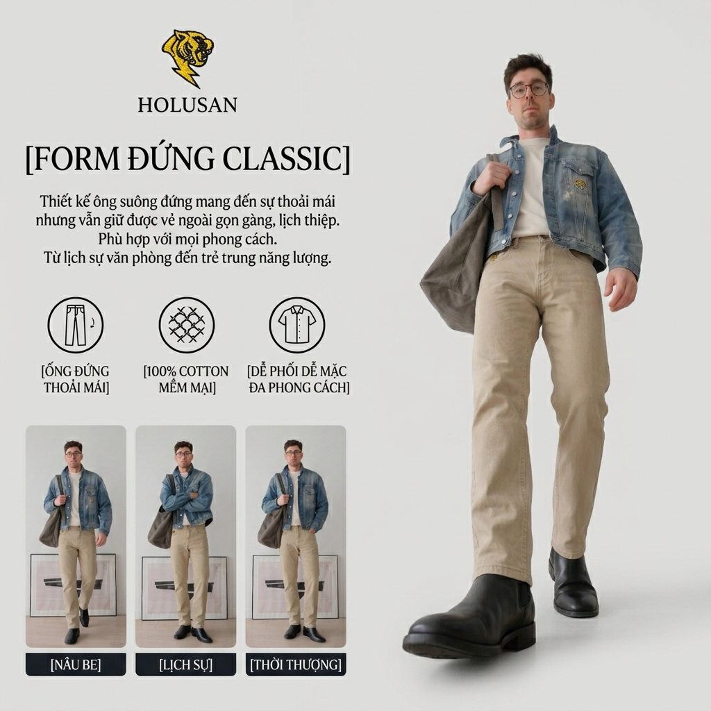 Màu Be VIP 5 - Quần Kaki Jean Nam Holusan Denim Souls Be Slimfit Co Giãn Nhẹ Form Đứng Cao Cấp