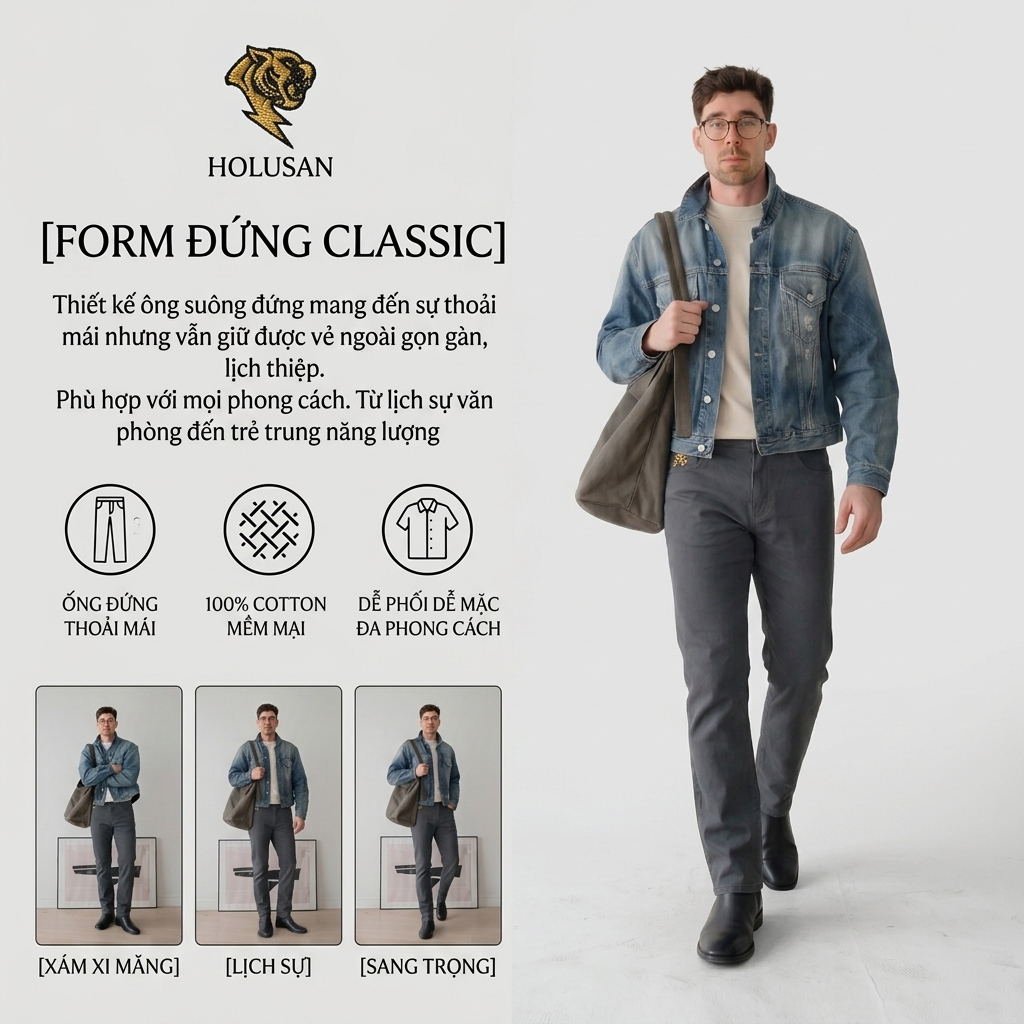 Xám Xi Măng VIP 10 - Quần Jean Nam Xám Xi Măng Slimfit Holusan Co Giãn Nhẹ Form Đứng Basic Cao Cấp