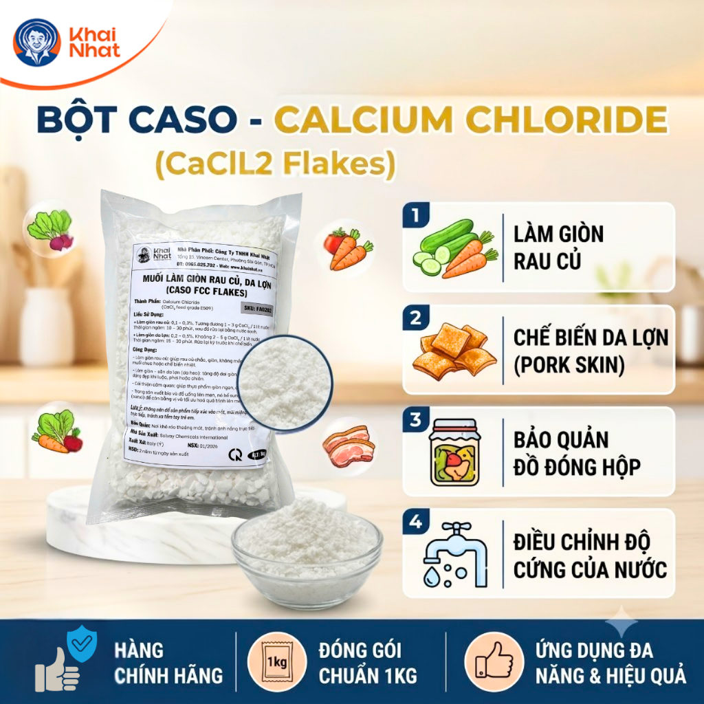 Caso muối làm giòn rau củ da Lợn Khai Nhật - CaCl2 Flakes - Phụ Gia Thực Phẩm  (Gói 1kg)