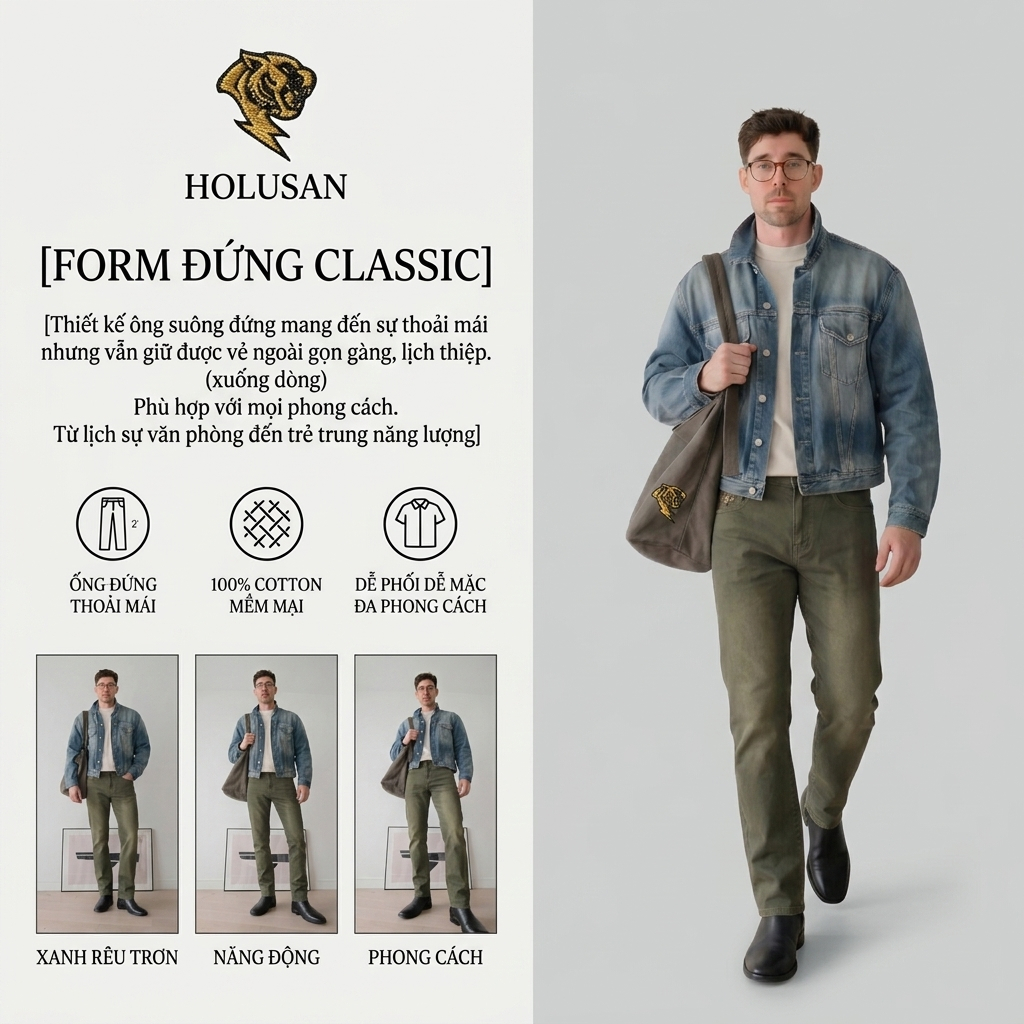 Xanh Rêu Trơn VIP 4 - Quần Kaki Jean Nam Xanh Rêu Trơn Slimfit Holusan Co Giãn Nhẹ Form Đứng Basic Cao Cấp