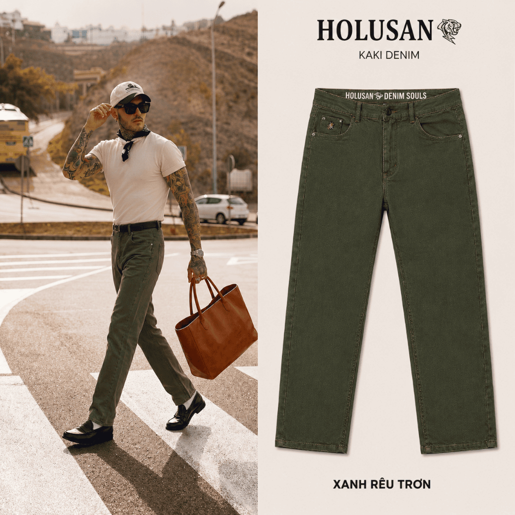 Xanh Rêu Trơn VIP 4 - Quần Kaki Jean Nam Xanh Rêu Trơn Slimfit Holusan Co Giãn Nhẹ Form Đứng Basic Cao Cấp