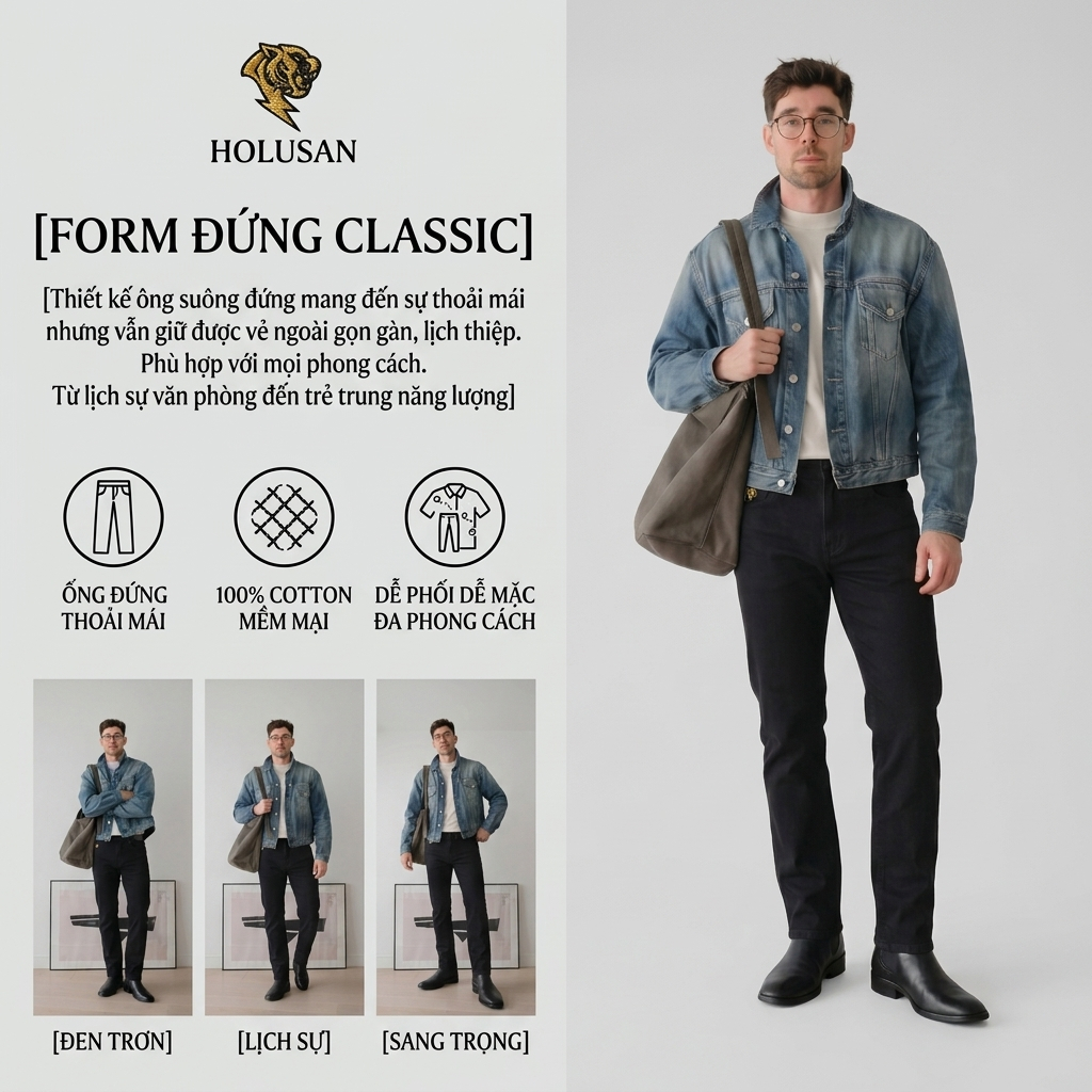 Đen Trơn VIP 8 - Quần Jean Nam Đen Trơn Slimfit Holusan Co Giãn Nhẹ Form Ôm Basic Cao Cấp