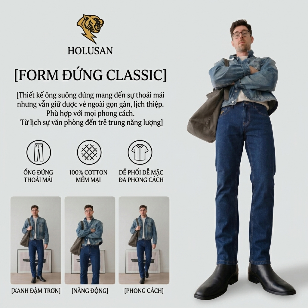 Xanh Đậm Trơn VIP 3 - Quần Jean Nam Đen Slimfit Co Giãn Nhẹ Form Đứng Tôn Dáng Holusan Basic Dễ Phối