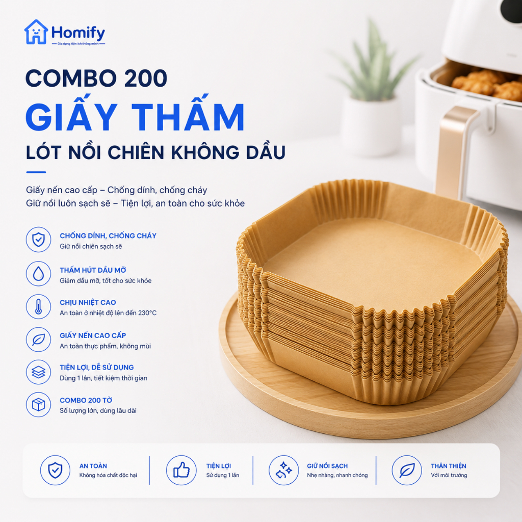 Combo 500 Tờ Khay Giấy Nến Vuông Cho Nồi Chiên Không Dầu Homify Chịu Nhiệt 230°C
