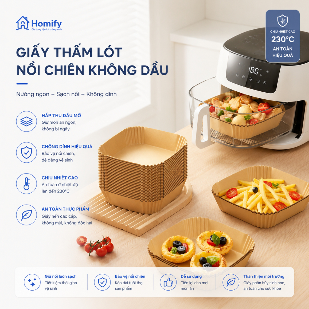 Combo 500 Tờ Khay Giấy Nến Vuông Cho Nồi Chiên Không Dầu Homify Chịu Nhiệt 230°C