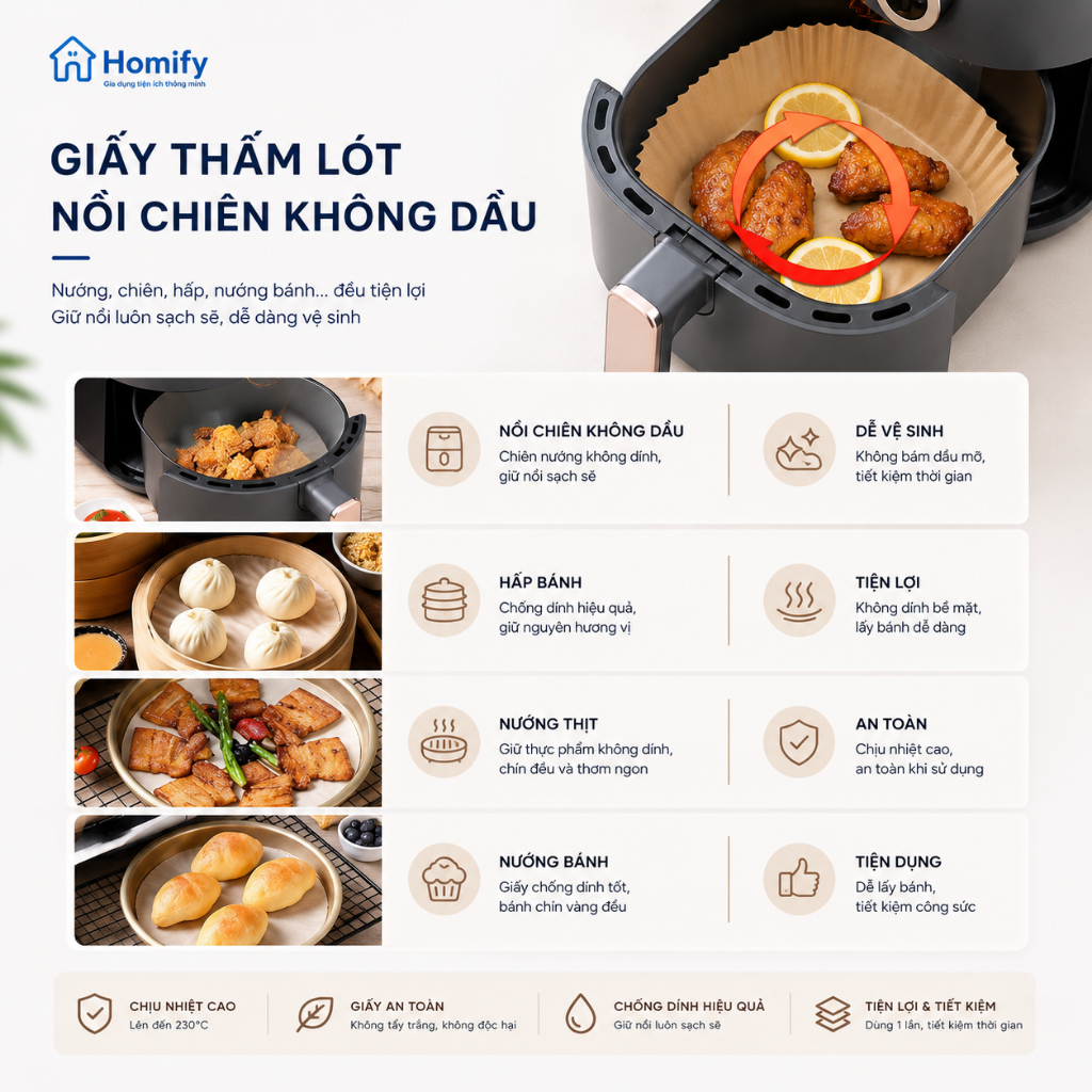 Combo 500 Tờ Khay Giấy Nến Vuông Cho Nồi Chiên Không Dầu Homify Chịu Nhiệt 230°C