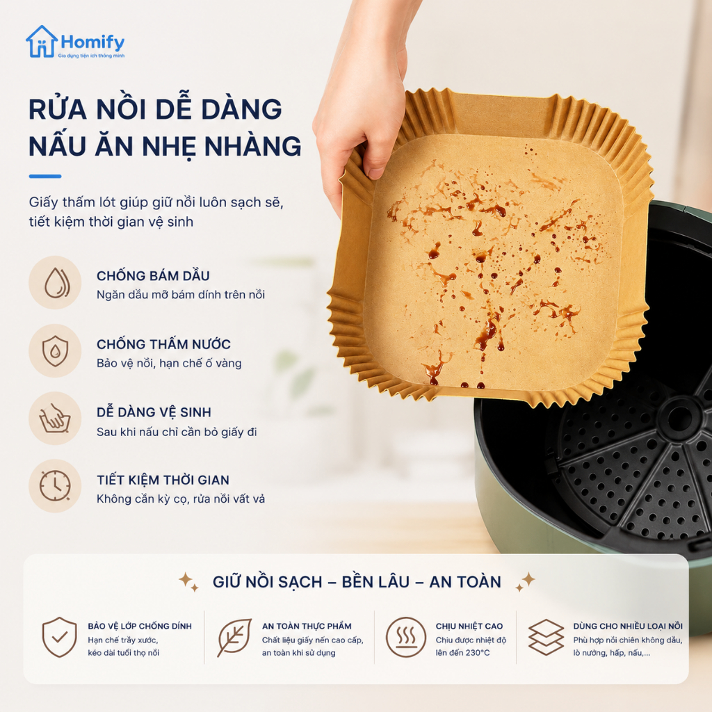 Combo 500 Tờ Khay Giấy Nến Vuông Cho Nồi Chiên Không Dầu Homify Chịu Nhiệt 230°C