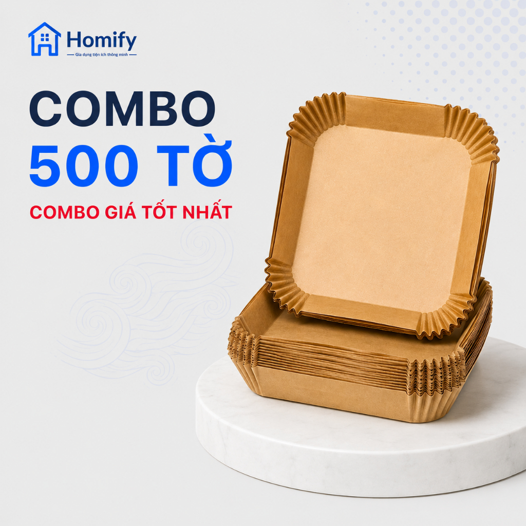 Combo 500 Tờ Khay Giấy Nến Vuông Cho Nồi Chiên Không Dầu Homify Chịu Nhiệt 230°C