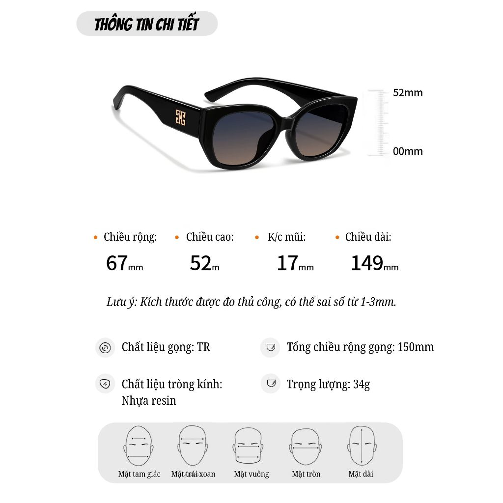 Kính râm phân cực INNI tròng Polarized HD chống chói chống lóa, form vuông mắt mèo 35022