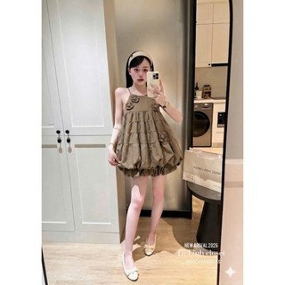 Set Bộ Đồ Nữ Gió Nhăn Áo Yếm Phồng Tầng 2 Lớp Đính 4 Hoa Nổi Mix Chân Váy Bí Dáng Ngắn