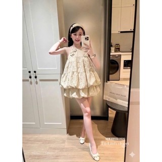 Set Bộ Đồ Nữ Gió Nhăn Áo Yếm Phồng Tầng 2 Lớp Đính 4 Hoa Nổi Mix Chân Váy Bí Dáng Ngắn