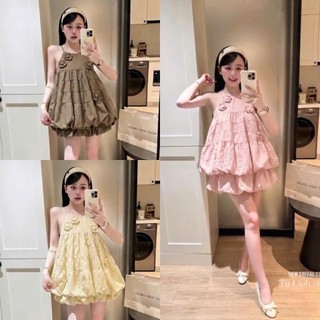 Set Bộ Đồ Nữ Gió Nhăn Áo Yếm Phồng Tầng 2 Lớp Đính 4 Hoa Nổi Mix Chân Váy Bí Dáng Ngắn