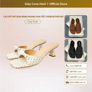 Cao gót nữ quai bảng ngang hoạ tiết chấm bi nhí phối nơ – Gót cao 5cm thanh lịch, dễ thương