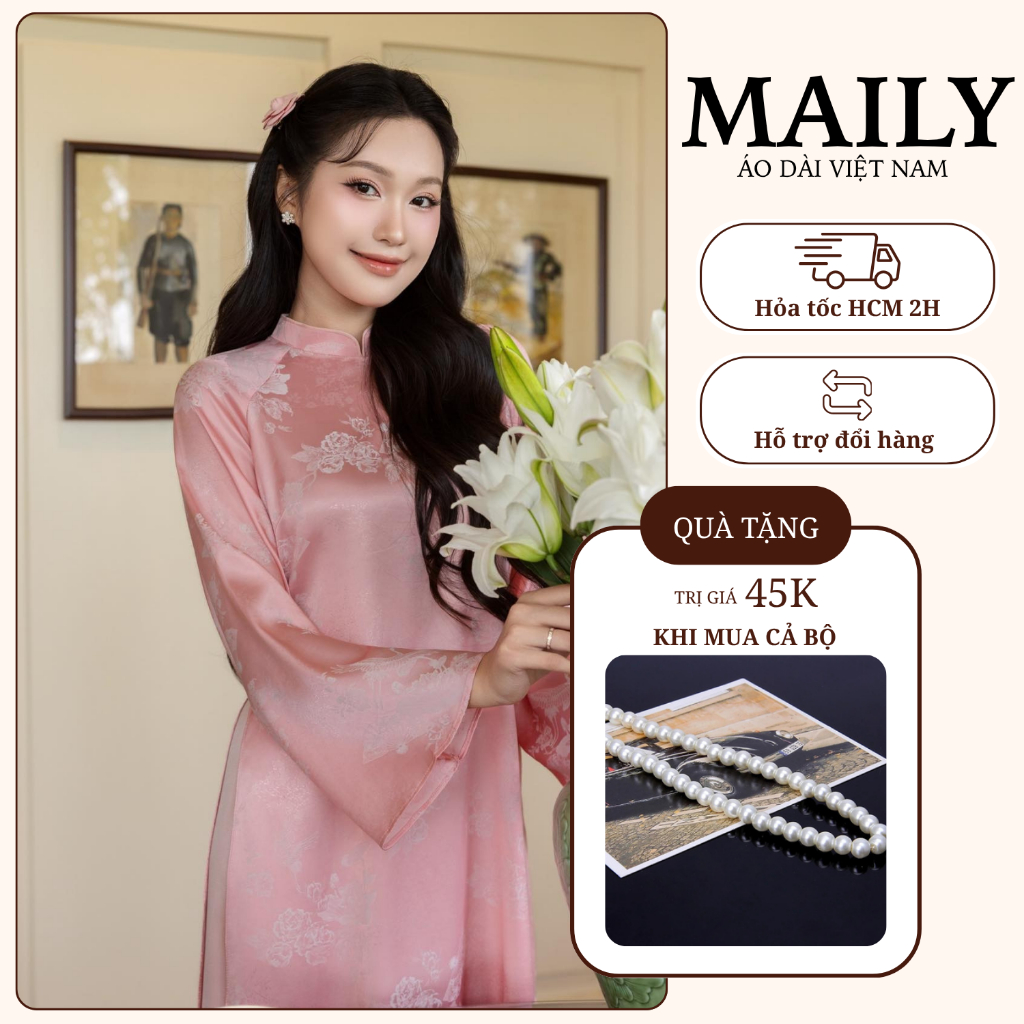 Áo Dài Gấm Dáng Cách Tân Lạc Vân Cổ Cao Tay Dài Loe Trang Trọng - ÁO DÀI MAILY