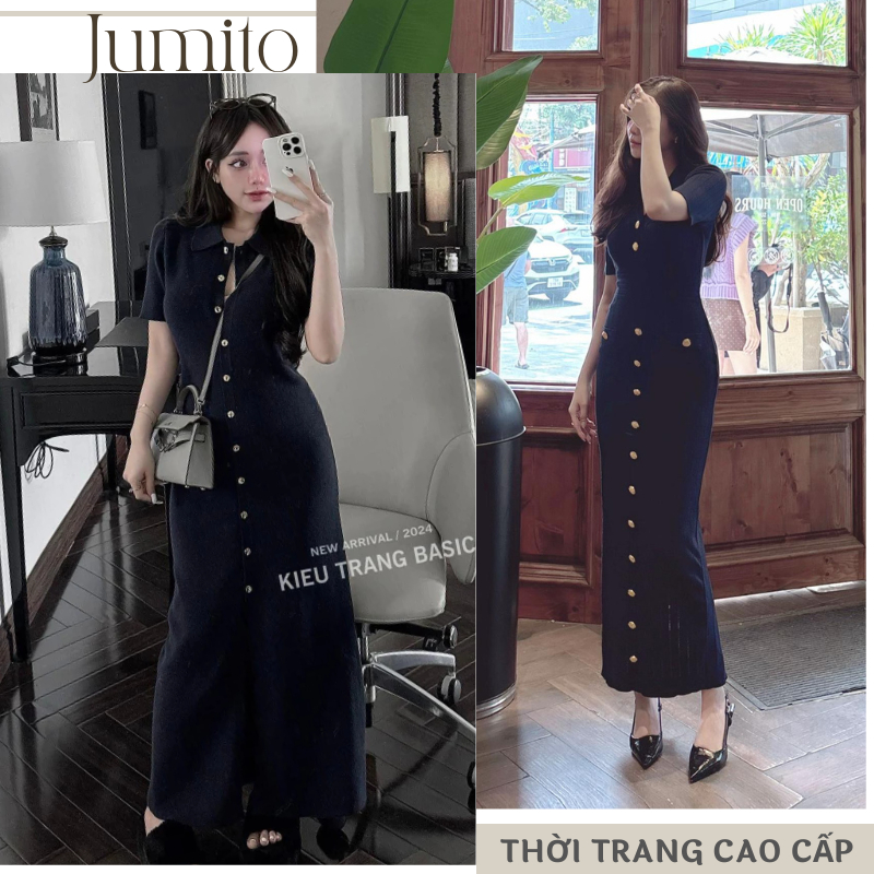 Váy maxi dáng dài cổ polo đính cúc dọc thân chất len dệt kim tăm ôm body tôn dáng phong cách Hàn Quốc HCOM3568