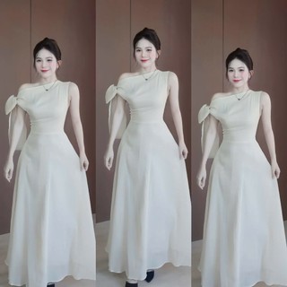 Đầm trễ vai phối nơ vải tơ nhẹ nhàng nữ tính