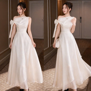 Đầm trễ vai phối nơ vải tơ nhẹ nhàng nữ tính
