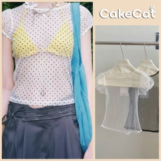 Áo Kiểu Nữ Voan Lưới Xuyên Thấu Chấm Bi Tay Bồng Pixie Mesh Xinh Xắn Dễ Phối Đồ - Cakecat