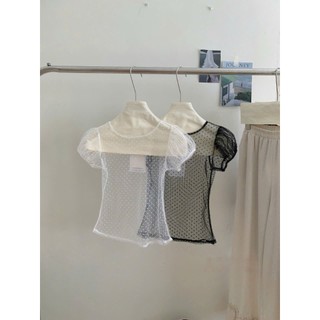 Áo Kiểu Nữ Voan Lưới Xuyên Thấu Chấm Bi Tay Bồng Pixie Mesh Xinh Xắn Dễ Phối Đồ - Cakecat