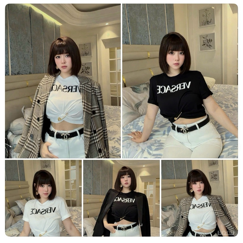 Áo thun croptop chữ Versace Godness kèm ghim băng