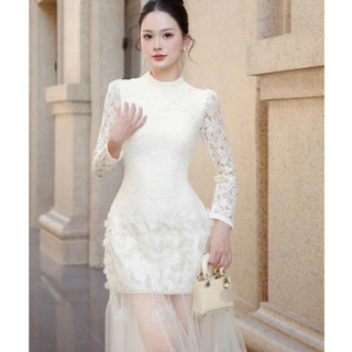 Váy dự tiệc thiết kế dáng chất hoa thêu bo chun sang chảnh