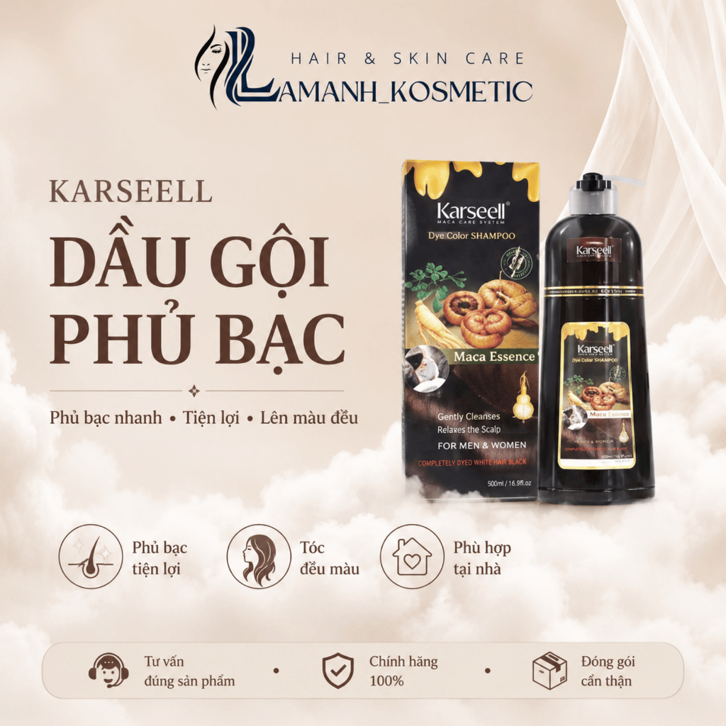 Dầu Gội Phủ Bạc Karseell Maca Essence 500ml | Hỗ Trợ Lên Màu Đen/Nâu, Che Tóc Bạc Tại Nhà.