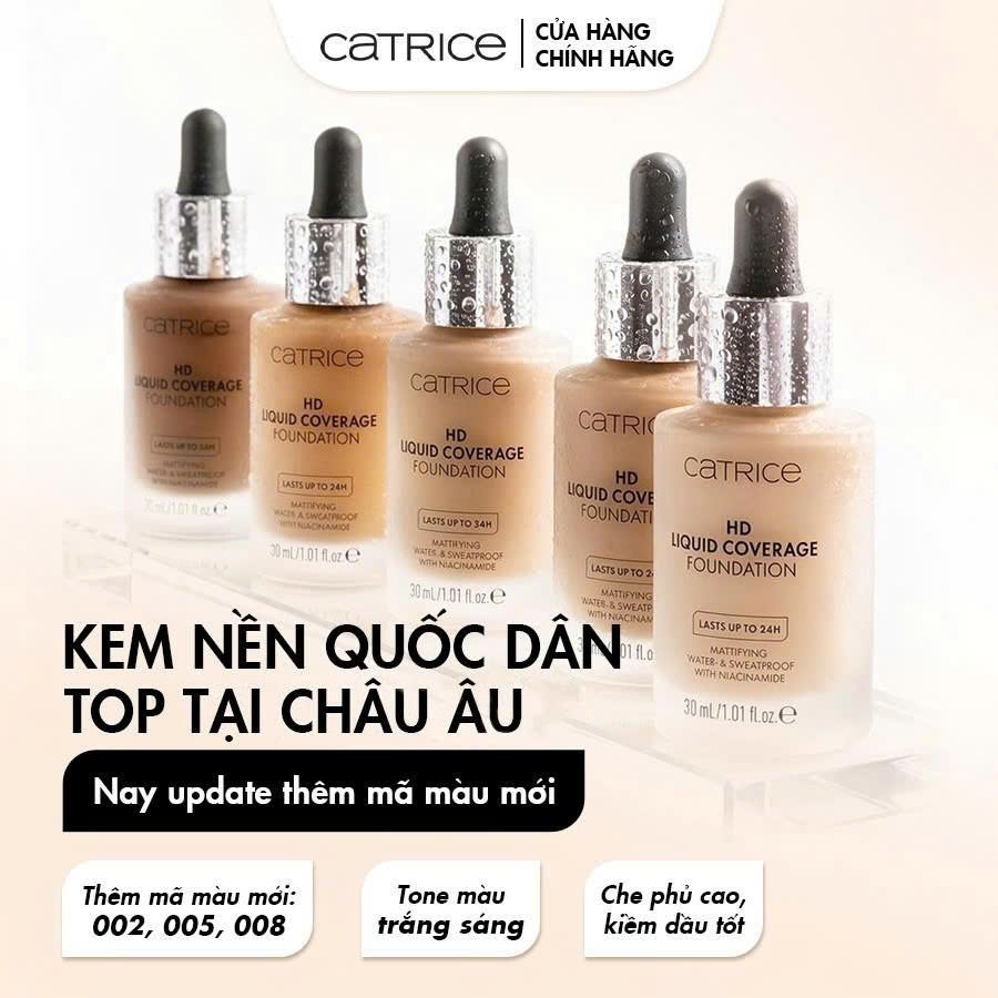 Kem nền Catrice HD Liquid Coverage Foundation kiềm dầu, che phủ tự nhiên tạo độ mịn màng cho da 30ml