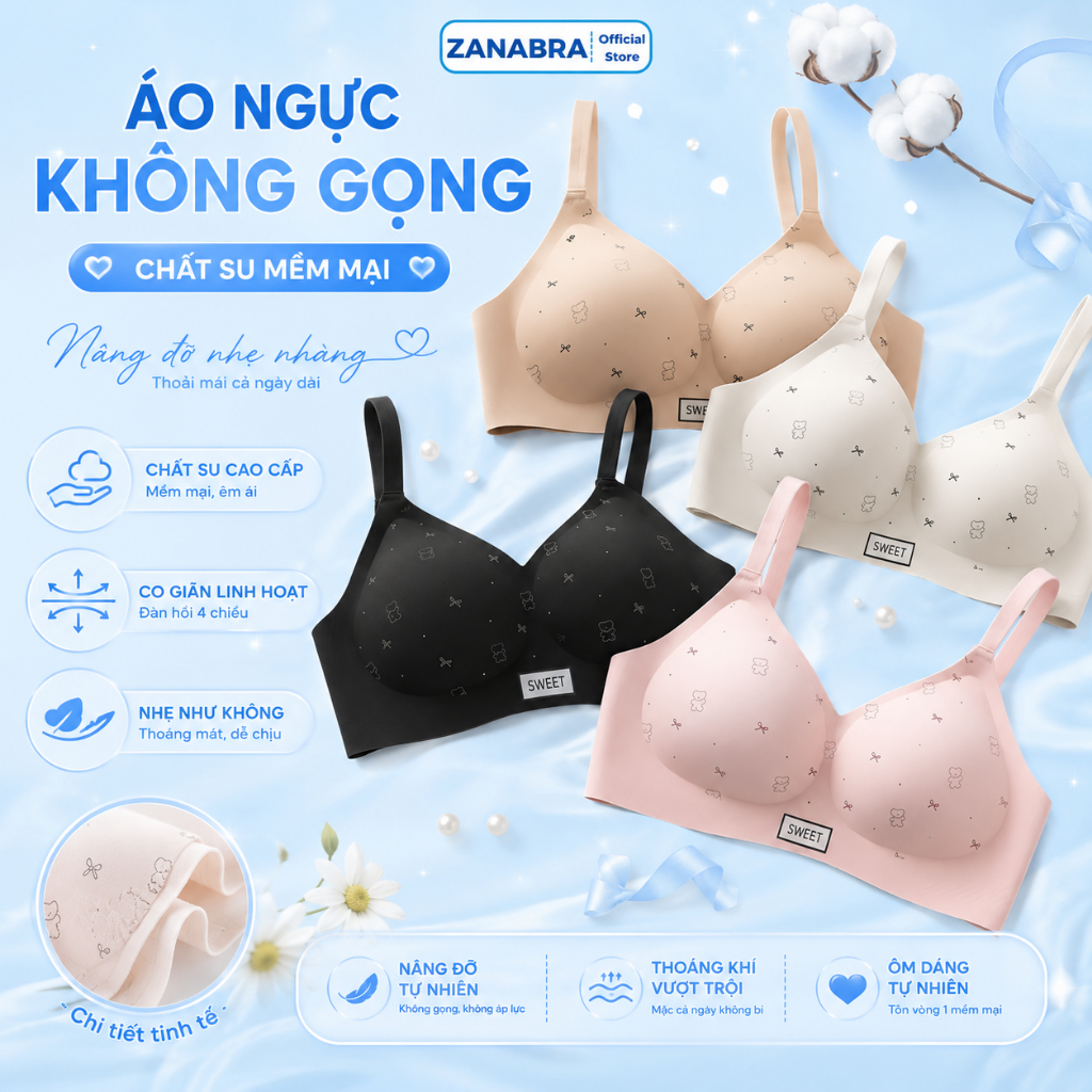 [Mẫu Mới 2026] Áo ngực nữ su đúc không gong không lộ viền, Áo lót nữ đệm mỏng nâng đỡ tôn dáng chống xệ V1 ZANABRA A975